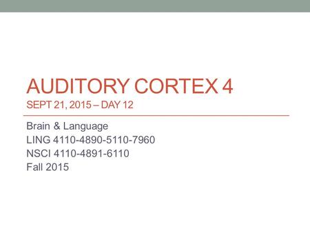 AUDITORY CORTEX 4 SEPT 21, 2015 – DAY 12 Brain & Language LING 4110-4890-5110-7960 NSCI 4110-4891-6110 Fall 2015.