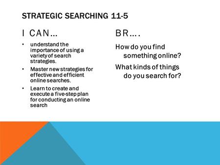 STRATEGIC SEARCHING 11-5 I CAN… understand the importance of using a variety of search strategies. Master new strategies for effective and efficient online.