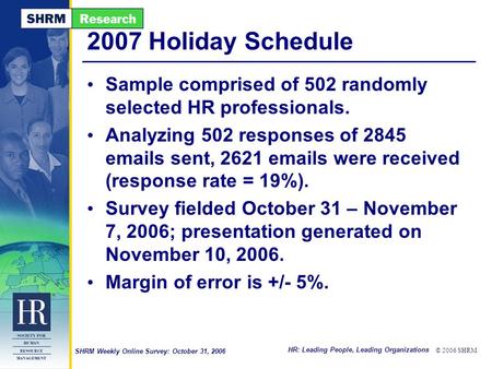 HR: Leading People, Leading Organizations © 2006 SHRM SHRM Weekly Online Survey: October 31, 2006 2007 Holiday Schedule Sample comprised of 502 randomly.