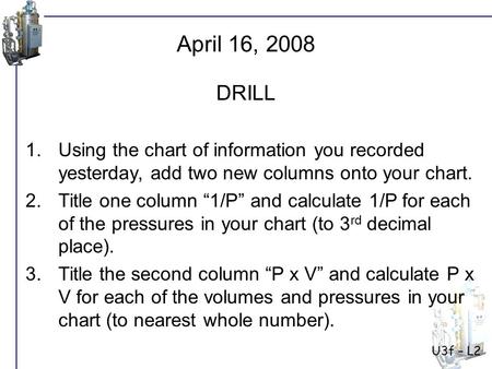 U3f – L2 1.Using the chart of information you recorded yesterday, add two new columns onto your chart. 2.Title one column “1/P” and calculate 1/P for each.