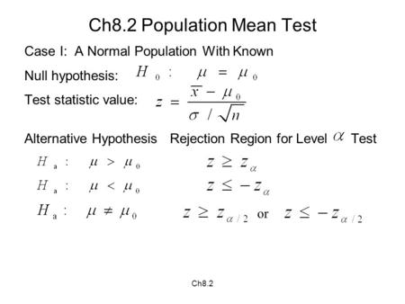 Ch8.2 Ch8.2 Population Mean Test Case I: A Normal Population With Known Null hypothesis: Test statistic value: Alternative Hypothesis Rejection Region.