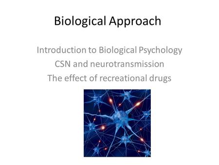 Biological Approach Introduction to Biological Psychology CSN and neurotransmission The effect of recreational drugs.