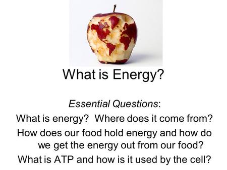 What is Energy? Essential Questions: What is energy? Where does it come from? How does our food hold energy and how do we get the energy out from our food?