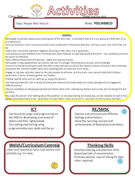 Activities Participate in activities based around being part of the Red Class. Understand that this is our group and that each of us as a place here. Focus.