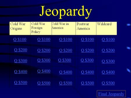 Jeopardy Q $100 Q $200 Q $300 Q $400 Q $500 Q $100 Q $200 Q $300 Q $400 Q $500 Final Jeopardy.