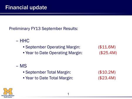 1 Financial update Preliminary FY13 September Results: –HHC September Operating Margin: ($11.6M) Year to Date Operating Margin: ($25.4M) –MS September.