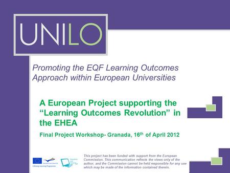 Promoting the EQF Learning Outcomes Approach within European Universities A European Project supporting the “Learning Outcomes Revolution” in the EHEA.