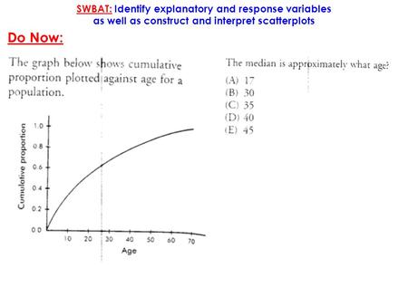 SWBAT: Identify explanatory and response variables as well as construct and interpret scatterplots Do Now: