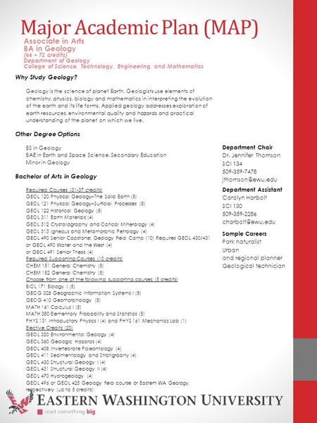 Major Academic Plan (MAP) Why Study Geology? Geology is the science of planet Earth. Geologists use elements of chemistry, physics, biology and mathematics.