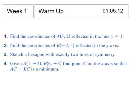 Warm Up 01.05.12 Week 1. Section 7.3 Day 1 I will identify rotations in a plane. Ex 1 RotationA transformation in which a figure is turned about a fixed.