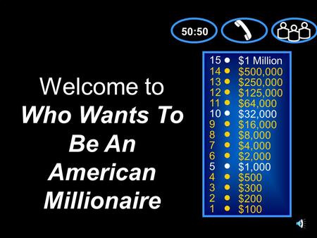 15 14 13 12 11 10 9 8 7 6 5 4 3 2 1 $1 Million $500,000 $250,000 $125,000 $64,000 $32,000 $16,000 $8,000 $4,000 $2,000 $1,000 $500 $300 $200 $100 Welcome.