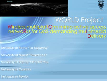 WORLD Project Wireless multiplatfOrm mimo active access netwoRks for QoS-demanding muLtimedia Delivery University of Roma “La Sapienza” University of Napoli.