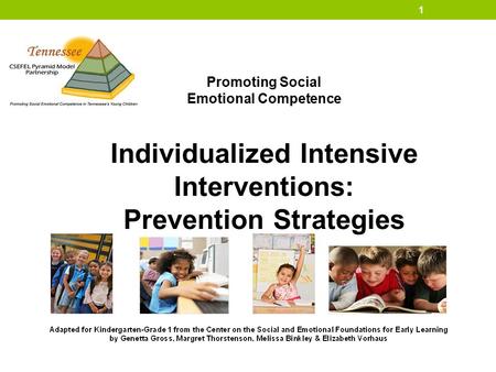 Promoting Social Emotional Competence Individualized Intensive Interventions: Prevention Strategies 1.