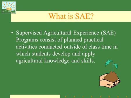 What is SAE? Supervised Agricultural Experience (SAE) Programs consist of planned practical activities conducted outside of class time in which students.