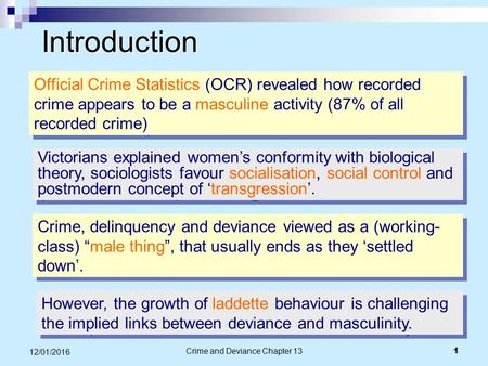 Crime and Deviance Chapter 13 1 12/01/2016 Introduction Official Crime Statistics (OCR) revealed how recorded crime appears to be a masculine activity.