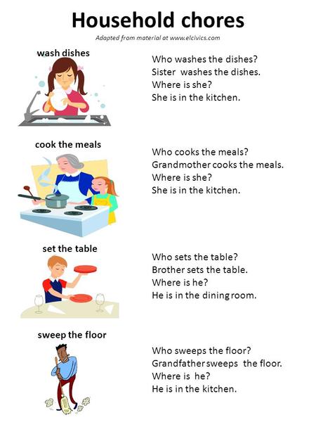 Who washes the dishes? Sister washes the dishes. Where is she? She is in the kitchen. Who cooks the meals? Grandmother cooks the meals. Where is she? She.