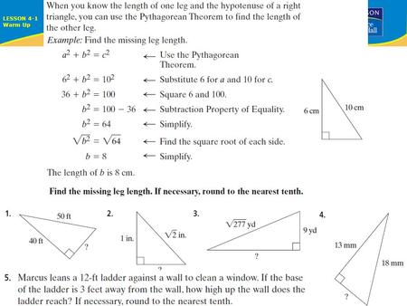 ALGEBRA READINESS LESSON 4-1 Warm Up Lesson 4-1 Warm Up.