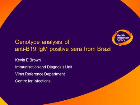 Genotype analysis of anti-B19 IgM positive sera from Brazil Kevin E Brown Immunisation and Diagnosis Unit Virus Reference Department Centre for Infections.