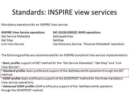 Standards: INSPIRE view services Mandatory operations for an INSPIRE View service: INSPIRE View Service operationsISO 19128:2005(E) WMS operations Get.