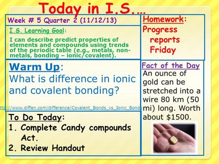 Week # 5 Quarter 2 (11/12/13) To Do Today: 1.Complete Candy compounds Act. 2.Review Handout Fact of the Day Today in I.S.… I.S. Learning Goal: Warm Up: