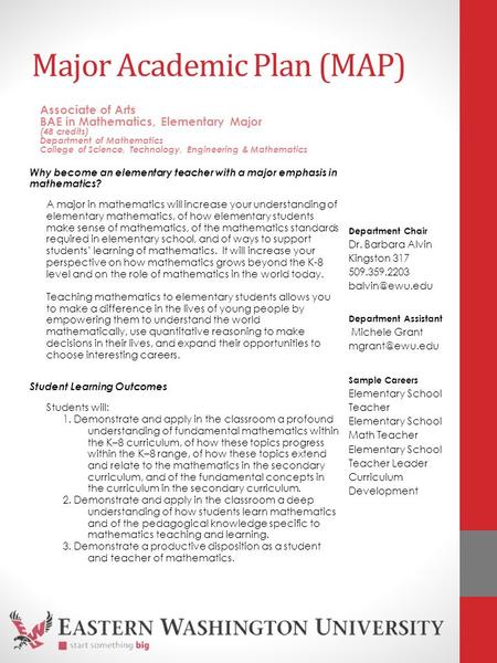 Major Academic Plan (MAP) Why become an elementary teacher with a major emphasis in mathematics? A major in mathematics will increase your understanding.