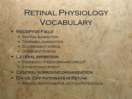 Retinal Physiology Vocabulary  Receptive Field  Spatial summation  Temporal summation  Convergent wiring  Divergent wiring  Lateral inhibition 