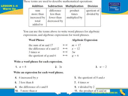 ALGEBRA READINESS LESSON 1-4 Warm Up Lesson 1-2 Warm Up.