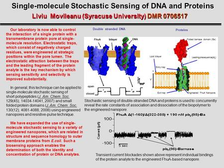 Single-molecule Stochastic Sensing of DNA and Proteins Liviu Movileanu (Syracuse University) DMR 0706517 Our laboratory is now able to control the interaction.