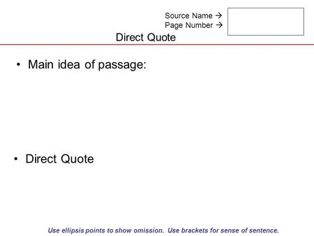 Source Name  Page Number  Use ellipsis points to show omission. Use brackets for sense of sentence. Direct Quote Main idea of passage: Direct Quote.