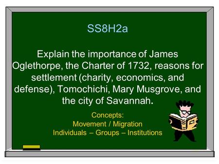 SS8H2a Explain the importance of James Oglethorpe, the Charter of 1732, reasons for settlement (charity, economics, and defense), Tomochichi, Mary Musgrove,