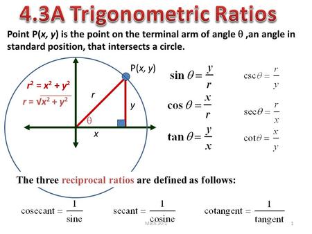 Point P(x, y) is the point on the terminal arm of angle ,an angle in standard position, that intersects a circle. P(x, y) x y r  r 2 = x 2 + y 2 r =