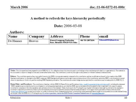 Doc.:11-06-0372-01-000r Submission March 2006 AllSlide 1 A method to refresh the keys hierarchy periodically Notice: This document has been prepared to.