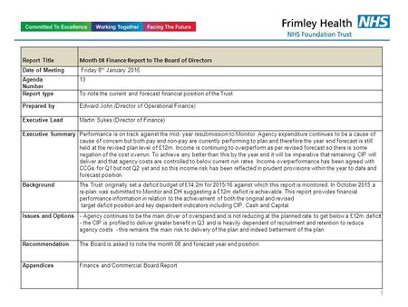 1 Report Title Month 08 Finance Report to The Board of Directors Date of Meeting Friday 8 th January 2016 Agenda Number 13 Report typeTo note the current.