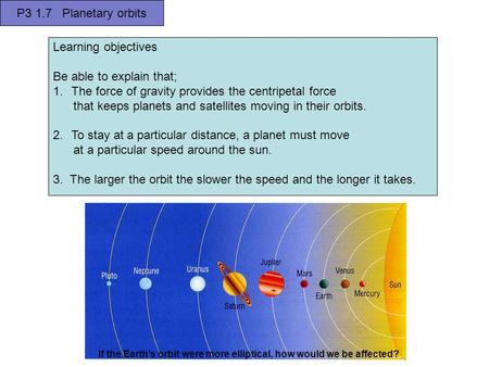 P3 1.7 Planetary orbits Learning objectives Be able to explain that; 1.The force of gravity provides the centripetal force that keeps planets and satellites.