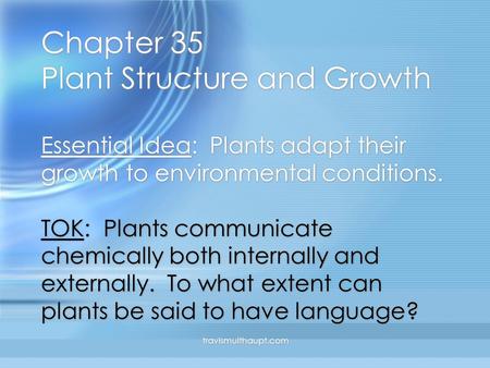 Travismulthaupt.com Chapter 35 Plant Structure and Growth Essential Idea: Plants adapt their growth to environmental conditions. TOK: Plants communicate.