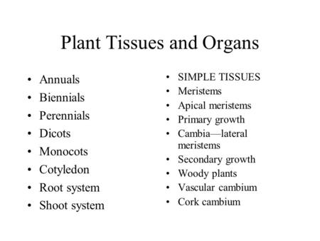 Plant Tissues and Organs Annuals Biennials Perennials Dicots Monocots Cotyledon Root system Shoot system SIMPLE TISSUES Meristems Apical meristems Primary.