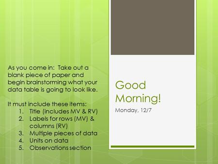 Good Morning! Monday, 12/7 As you come in: Take out a blank piece of paper and begin brainstorming what your data table is going to look like. It must.