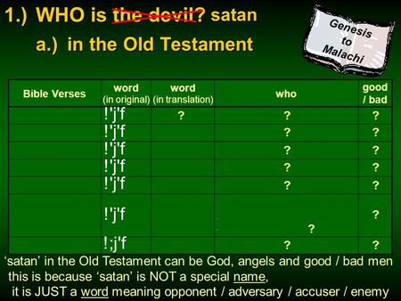 1.)WHO is the devil? a.)in the Old Testament Genesis to Malachi satan Bible Verses word (in original) word (in translation) who good / bad Numbers 22:22.