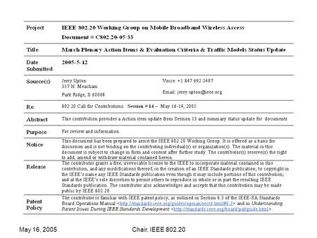 May 16, 2005Chair, IEEE 802.20. May 16, 2005Chair, IEEE 802.20 802.20 Next Steps & Action Items from March 2005 Plenary Status Review - - May 2005 Interim.