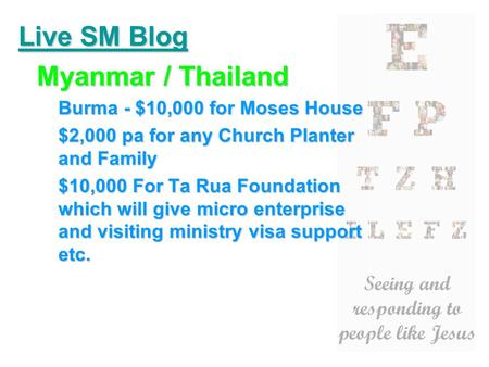 Live SM Blog Myanmar / Thailand Burma - $10,000 for Moses House $2,000 pa for any Church Planter and Family $10,000 For Ta Rua Foundation which will give.