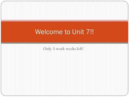 Only 3 work weeks left! Welcome to Unit 7!!. Preview of Upcoming Weeks Unit 7- Our last standard work week Unit 8-2 Final essays due Unit 9- Final paper.