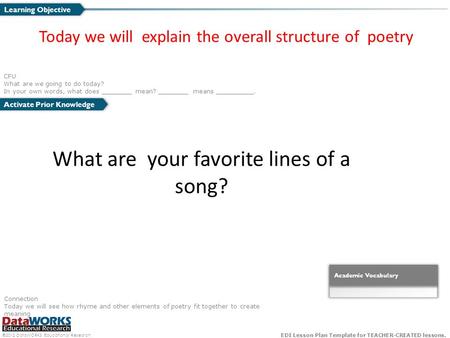 ©2012 DataWORKS Educational Research EDI Lesson Plan Template for TEACHER-CREATED lessons. Activate Prior Knowledge CFU What are we going to do today?