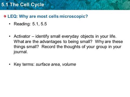 5.1 The Cell Cycle LEQ: Why are most cells microscopic? Reading: 5.1, 5.5 Activator – identify small everyday objects in your life. What are the advantages.