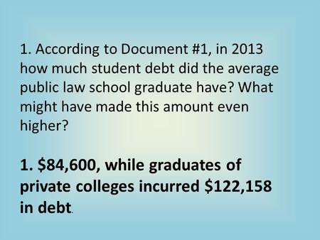 1. According to Document #1, in 2013 how much student debt did the average public law school graduate have? What might have made this amount even higher?