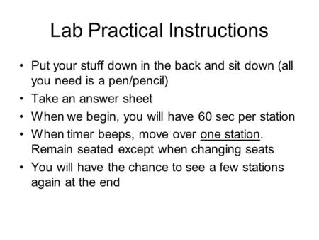 Lab Practical Instructions Put your stuff down in the back and sit down (all you need is a pen/pencil) Take an answer sheet When we begin, you will have.