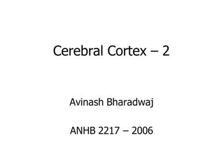 Cerebral Cortex – 2 Avinash Bharadwaj ANHB 2217 – 2006.