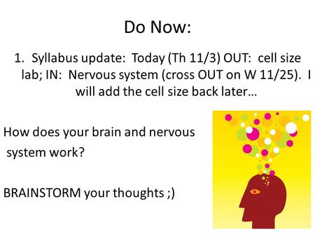 Do Now: 1.Syllabus update: Today (Th 11/3) OUT: cell size lab; IN: Nervous system (cross OUT on W 11/25). I will add the cell size back later… How does.