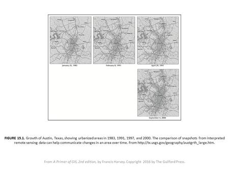 FIGURE 15.1. Growth of Austin, Texas, showing urbanized areas in 1983, 1991, 1997, and 2000. The comparison of snapshots from interpreted remote sensing.