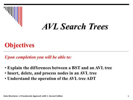 Data Structures: A Pseudocode Approach with C, Second Edition1 Objectives Upon completion you will be able to: Explain the differences between a BST and.