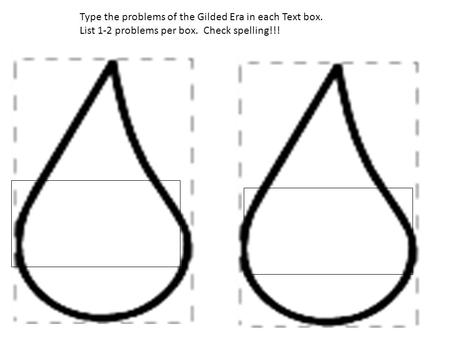 Type the problems of the Gilded Era in each Text box. List 1-2 problems per box. Check spelling!!!